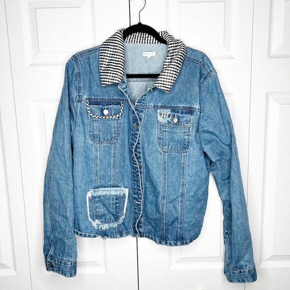 Samantha Sipos Girls Embroidered Gingham Collar Denim Jacket Women's Size 4XL